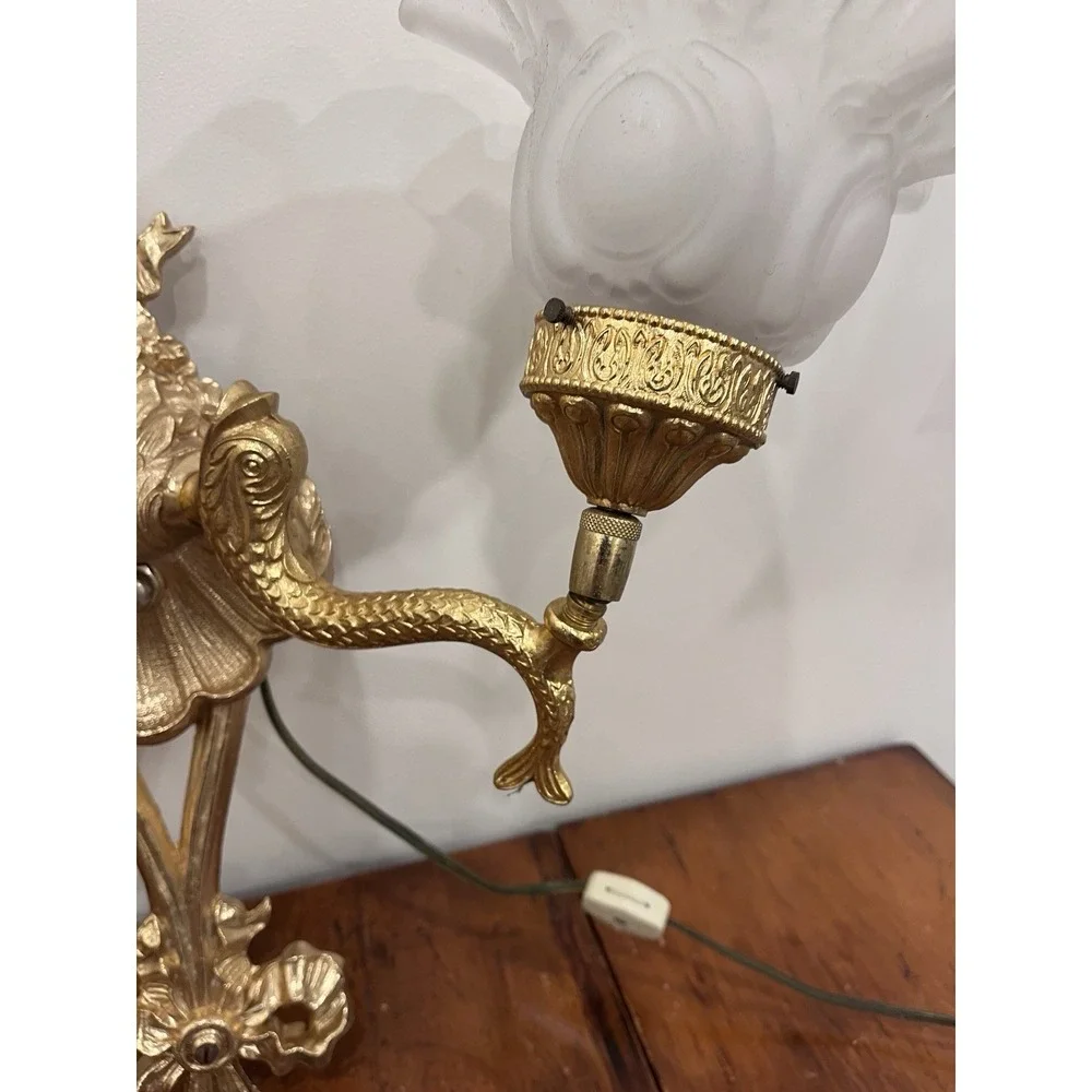 Antique Gilt Rococo 2 Arm Wall Sconce  Electric Corded Fish Glass Scallop Shades
